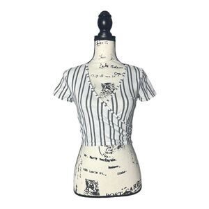 PacSun PS Basics Black & White Striped Wrap Crop Top Size S V-Neck Short Sleeve
